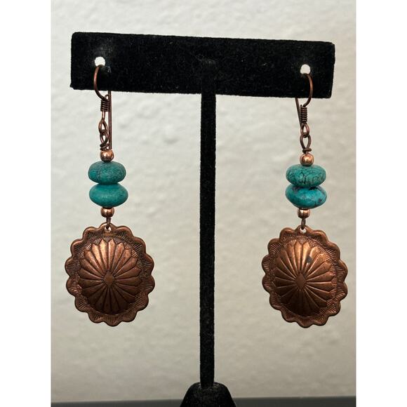 Artisan made Jewelry - Etched Copper & Turquoise Dangle Earrings